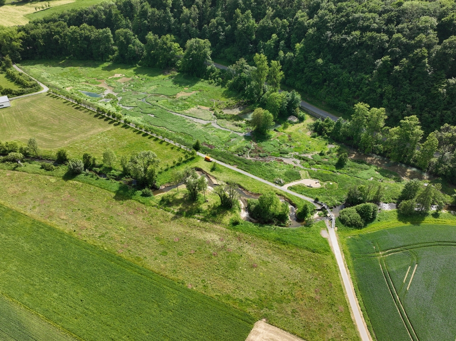 Quellgebiet Gellinghauser Bach:  Der ehemals an den linken Talrand verlegte Bach wurde wieder in die Fläche geleitet. Das Wasser durchströmt jetzt wieder breit und flach das gesamte Quellgebiet. Im Wechselspiel mit der Vegetation ist (wieder) ein beindruckend vielfältiger Lebensraum für die heimische Tier- und Pflanzenwelt entstanden. Foto: Kreis Paderborn v.l.: Landrat Christoph Rüther, WOL-Geschäftsführer Volker Karthaus, Technischer Dezernent des Kreises Paderborn Henrik Egeler. Foto: Kreis Paderborn